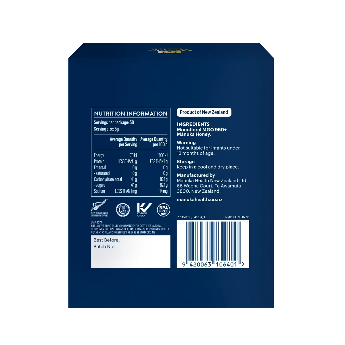 Manuka Health Manuka Honey MGO 950+ (UMF 22+) Limited Edition nutritional panel